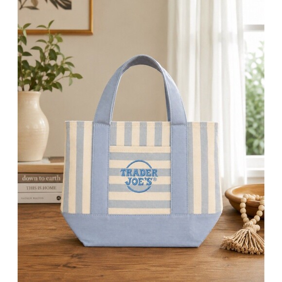 Trader Joe'S Handbags - Trader Joe's Mini Canvas Sky Blue Stripe Tote Bag 13 X 11 X 6 NWT